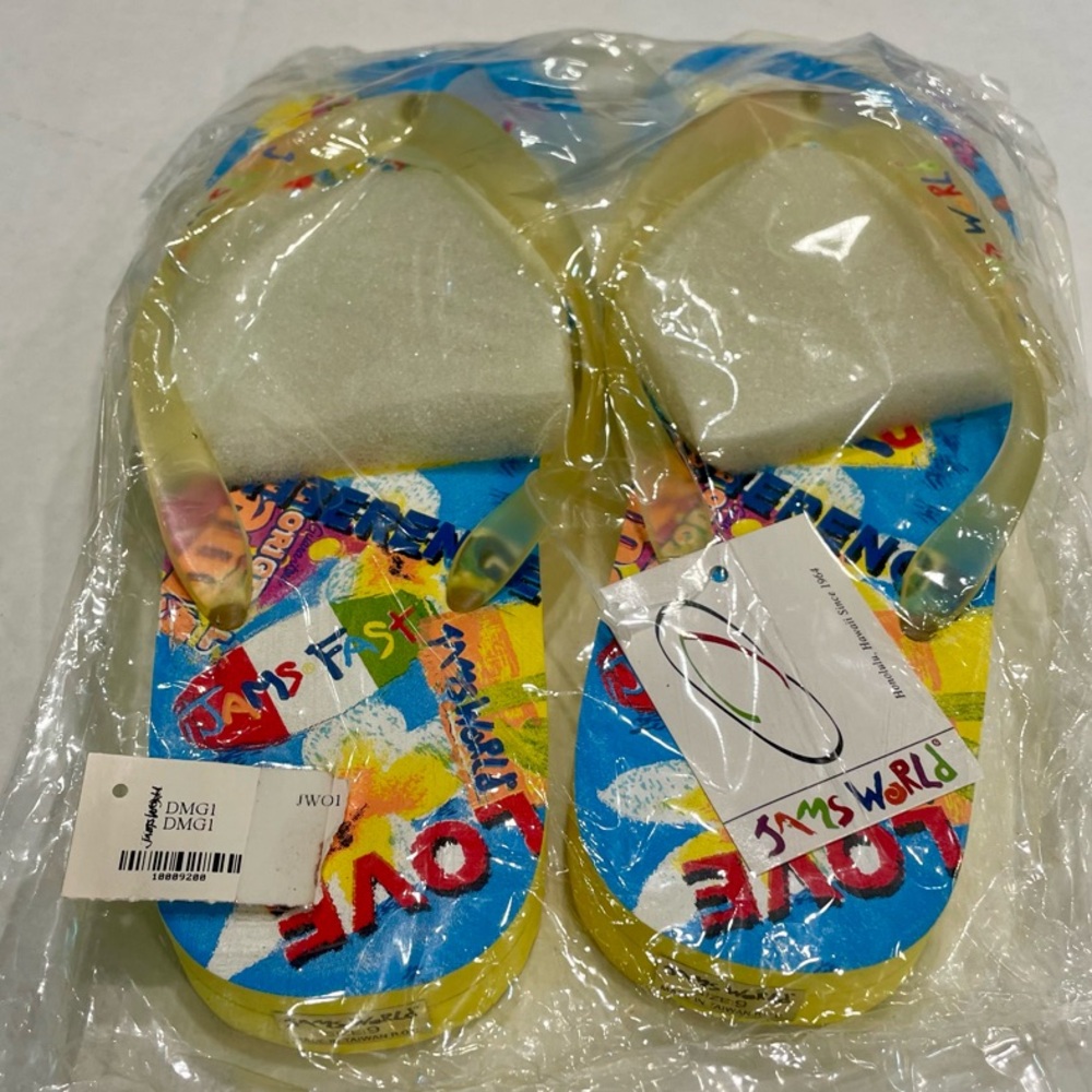 VTG Jams World Slippers Yellow Sz 9 Beach Outdoor Hawaii Flip Flops Print NEW